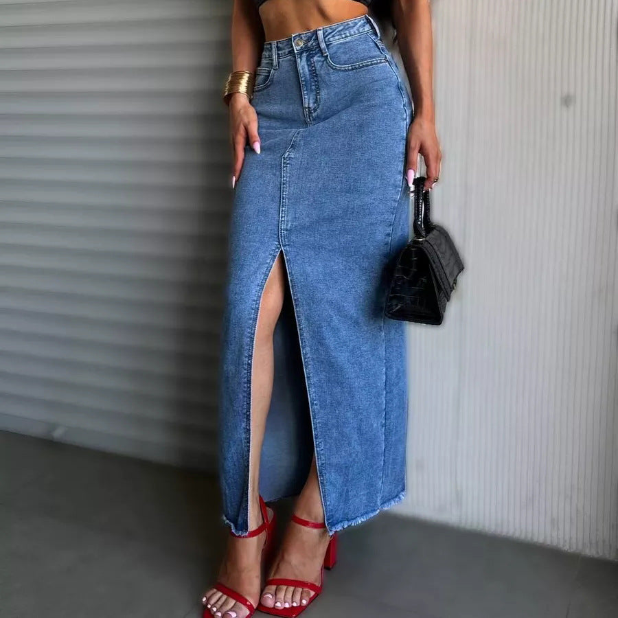 Damen Maxi-Denim-Rock mit hohem Schlitz und lässigem Schnitt Heidi-Mode