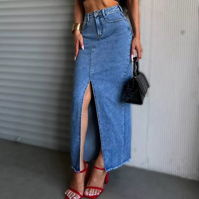 Damen Maxi-Denim-Rock mit hohem Schlitz und lässigem Schnitt Heidi-Mode