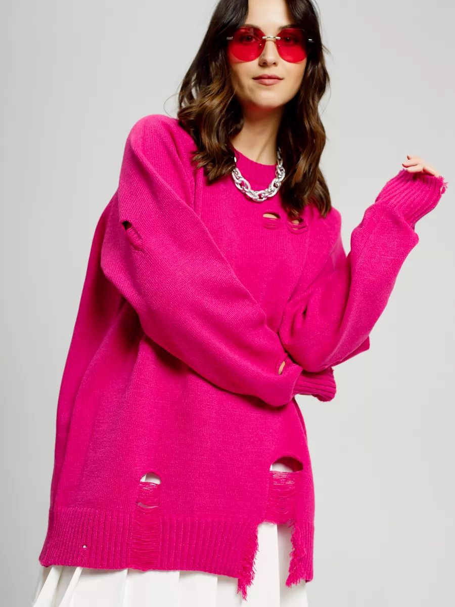 Damen Oversized Strickpullover mit Fransen und Loch-Design Heidi-Mode