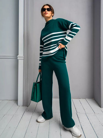 Damen lässiges Strickanzug mit stylischem Streifenmuster und hohem Kragen Heidi-Mode