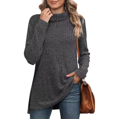 Damen lässiger Rollkragenpullover mit strukturiertem Design und asymmetrischem Saum Heidi-Mode