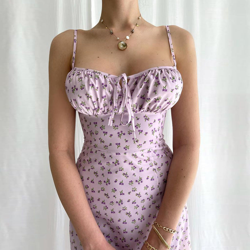 Damen Blumenmaxikleid mit tiefem Schlitz und verstellbaren Trägern Heidi-Mode