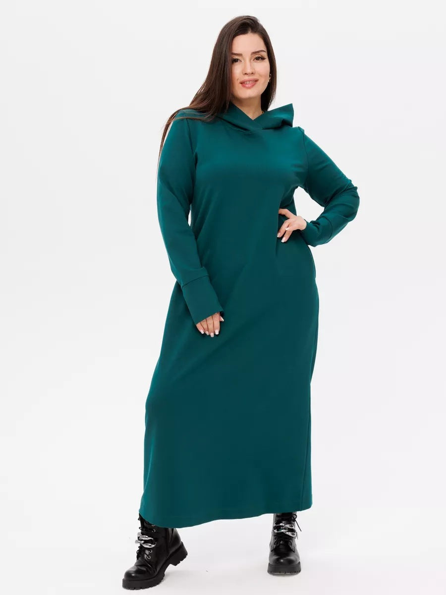 Damen kuscheliges Sweatkleid mit Kapuze und Eingrifftaschen Heidi-Mode