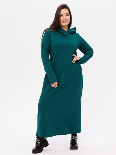 Damen kuscheliges Sweatkleid mit Kapuze und Eingrifftaschen Heidi-Mode