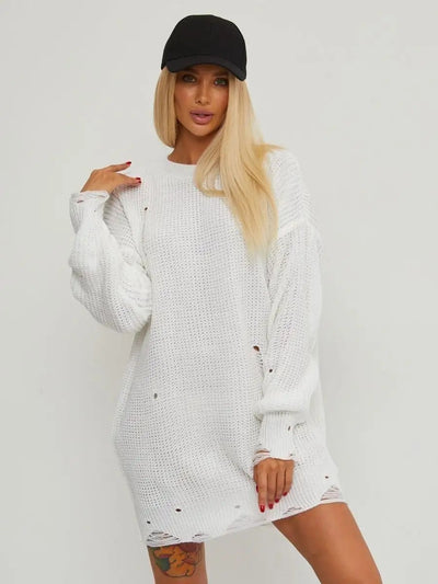 Damen lässiges Strickkleid mit weitem Schnitt und ausgefransten Säumen Heidi-Mode