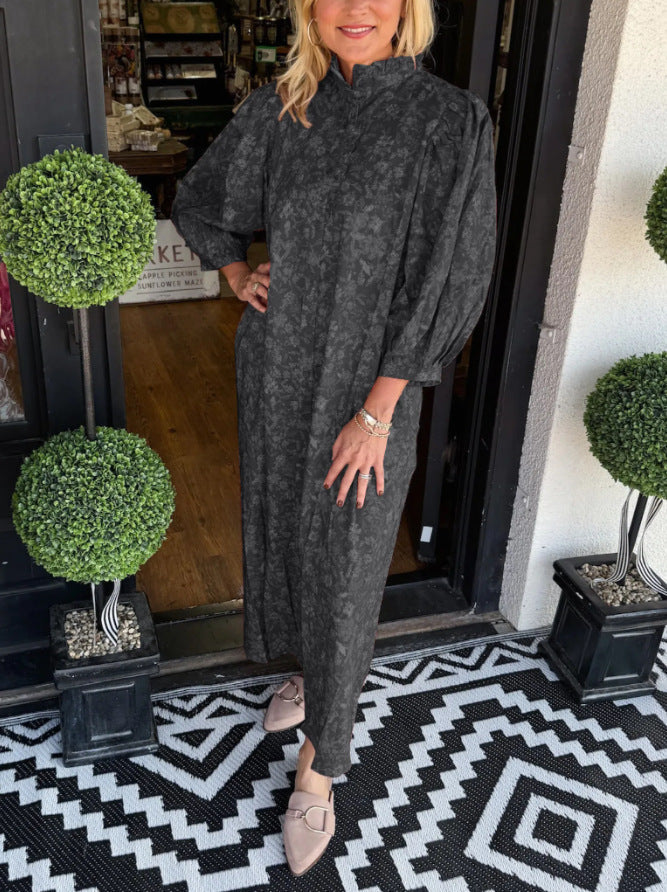 Damen Maxi-Hemdkleid mit botanischem Druck und eleganten Puffärmeln Heidi-Mode