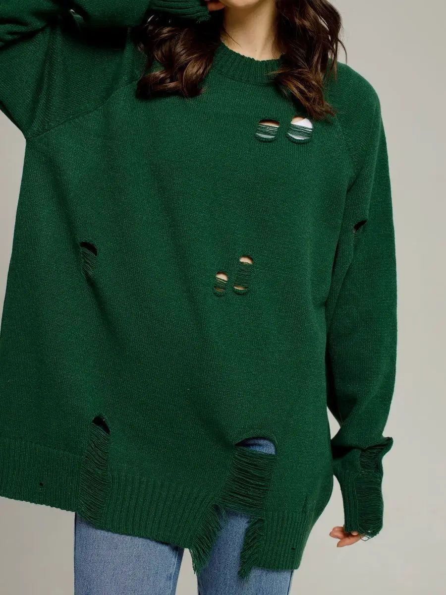 Damen Oversized Strickpullover mit Fransen und Loch-Design Heidi-Mode