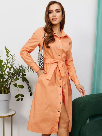 Damen Langarm Hemdkleid mit eleganter Taillenschnürung und Knopfleiste Heidi-Mode