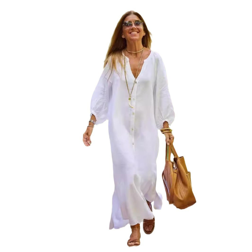 Damen Langarm-Linnenkleid mit Knopfleiste und seitlichen Schlitzen Heidi-Mode