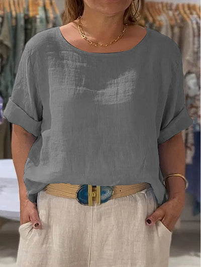 Damen lässige Leinenbluse mit umschlagbaren Ärmeln und elegantem Rundhalsausschnitt Heidi-Mode
