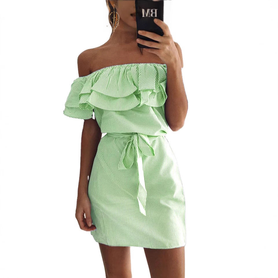 Damen Off-Shoulder Kleid mit Rüschen und Taillengürtel Heidi-Mode