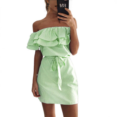 Damen Off-Shoulder Kleid mit Rüschen und Taillengürtel Heidi-Mode