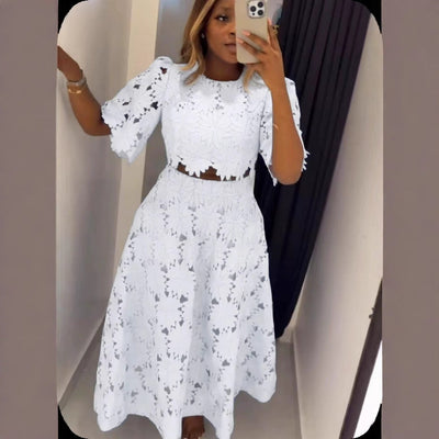 Damen Elegantes Spitzen-Outfit mit kurzem Oberteil und langem Rock Heidi-Mode