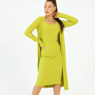 Damen gestreiftes Langarmkleid mit passendem Cardigan Heidi-Mode