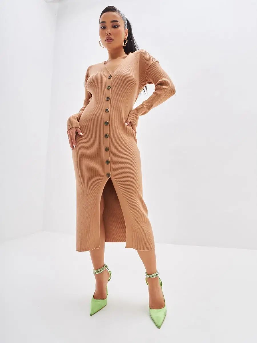 Damen Strickkleid mit V-Ausschnitt, Knopfleiste und figurbetonter Silhouette Heidi-Mode