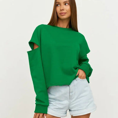 Damen lässiges Sweatshirt mit asymmetrischen Cut-Out-Details und oversized Schnitt Heidi-Mode