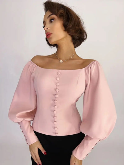 Damen Off-Shoulder Bluse mit eleganten Puffärmeln und Knopfdetails Heidi-Mode