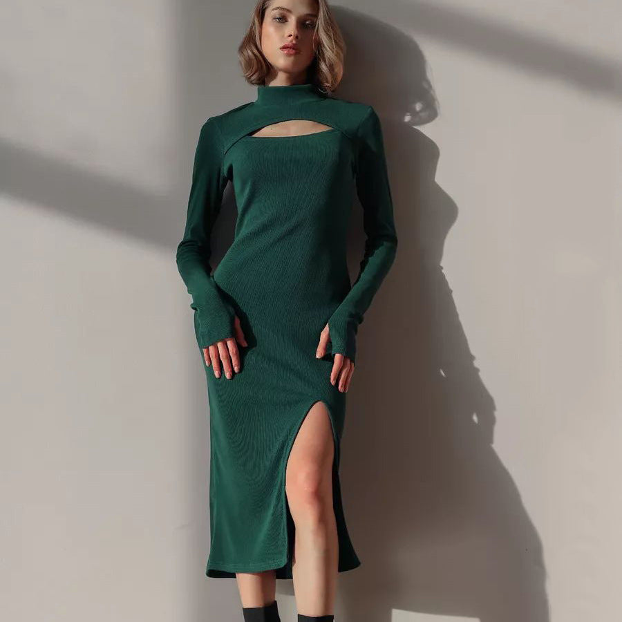 Damen figurbetontes Strickkleid mit raffiniertem Cut-Out und hohem Schlitz Heidi-Mode