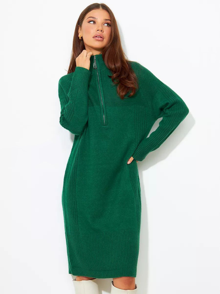 Damen Strickkleid mit kurzem Reißverschluss und lässigem Raglan-Schnitt Heidi-Mode