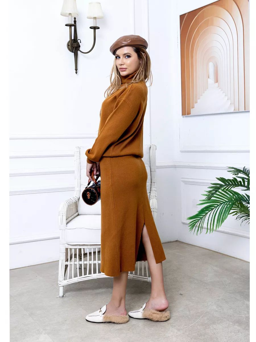 Damen Set aus Pullover und Rock mit hohem Kragen und eleganten Seitenschlitzen Heidi-Mode