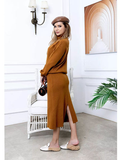 Damen Set aus Pullover und Rock mit hohem Kragen und eleganten Seitenschlitzen Heidi-Mode