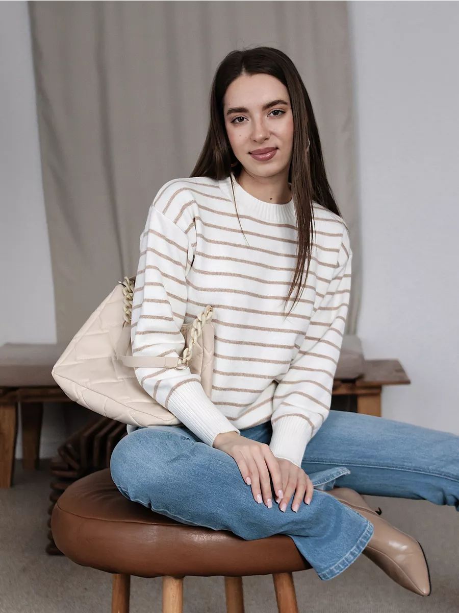 Damen lässiger Streifenpullover mit weitem Schnitt und hochgeschlossenem Rundhalsausschnitt Heidi-Mode