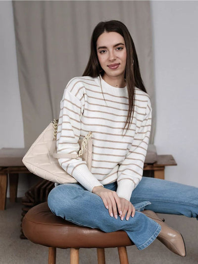 Damen lässiger Streifenpullover mit weitem Schnitt und hochgeschlossenem Rundhalsausschnitt Heidi-Mode