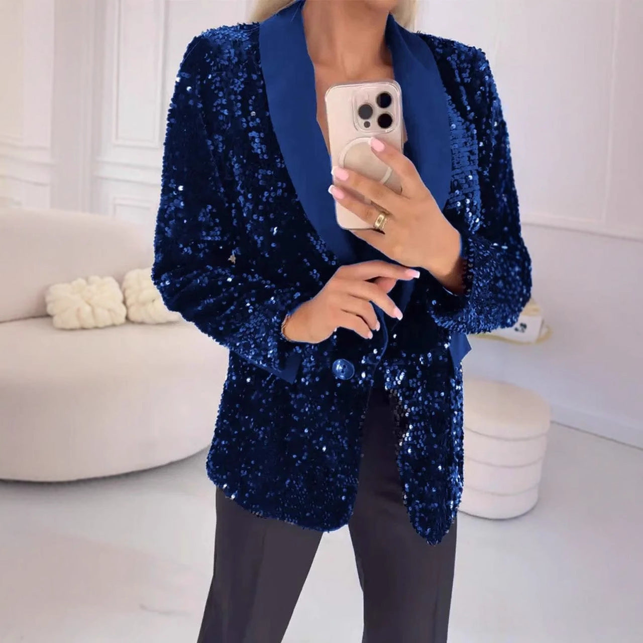 Damen eleganter Pailletten Blazer mit schimmerndem Revers Heidi-Mode