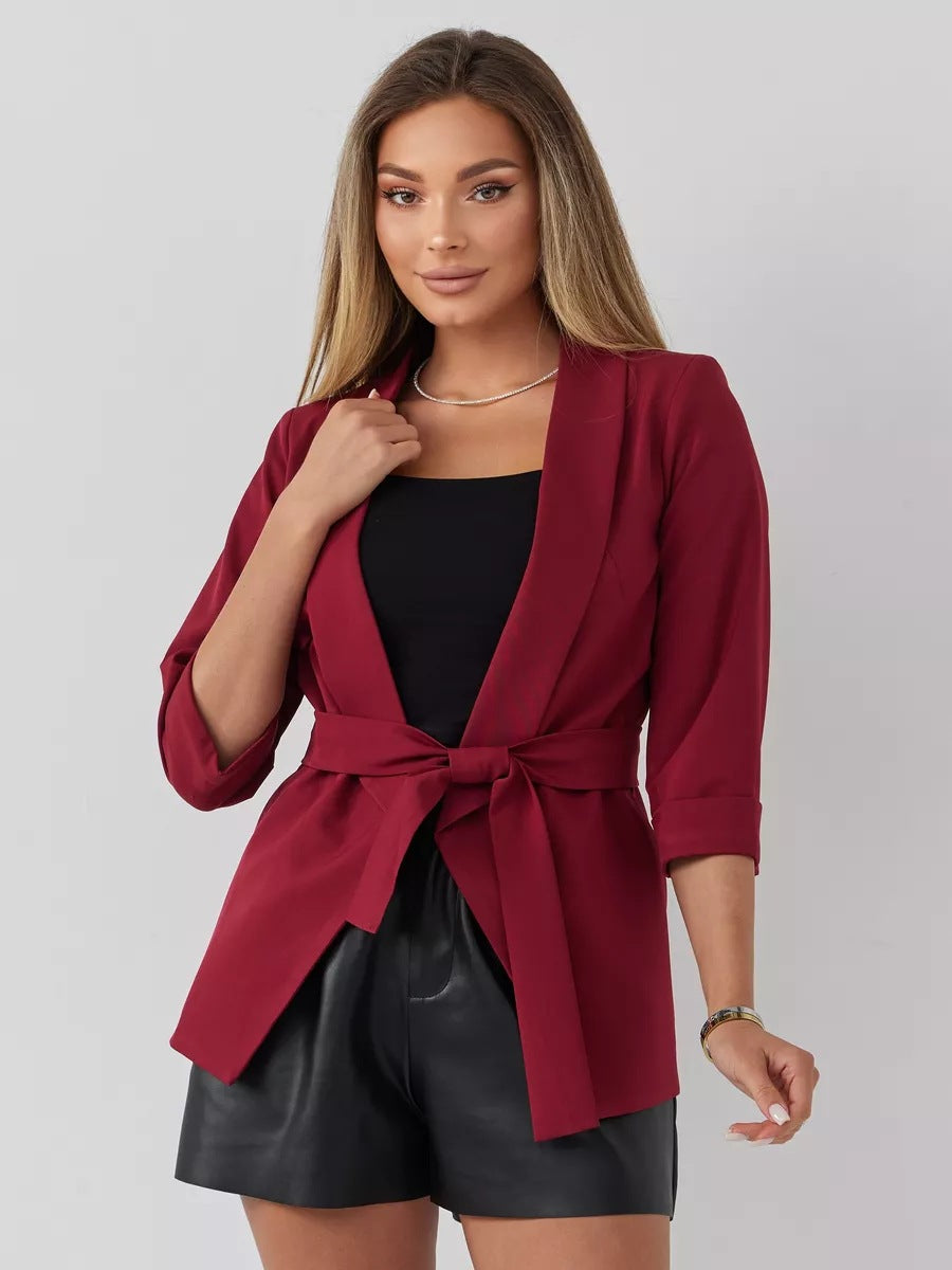 Damen elegante Blazerjacke mit tailliertem Schnitt und Bindegürtel Heidi-Mode