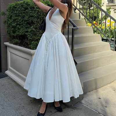 Damen elegantes Maxikleid mit V-Ausschnitt und fließendem Rock Heidi-Mode