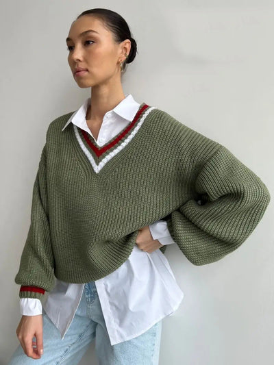 Damen Strickpullover mit V-Ausschnitt und gestreiften Details Heidi-Mode