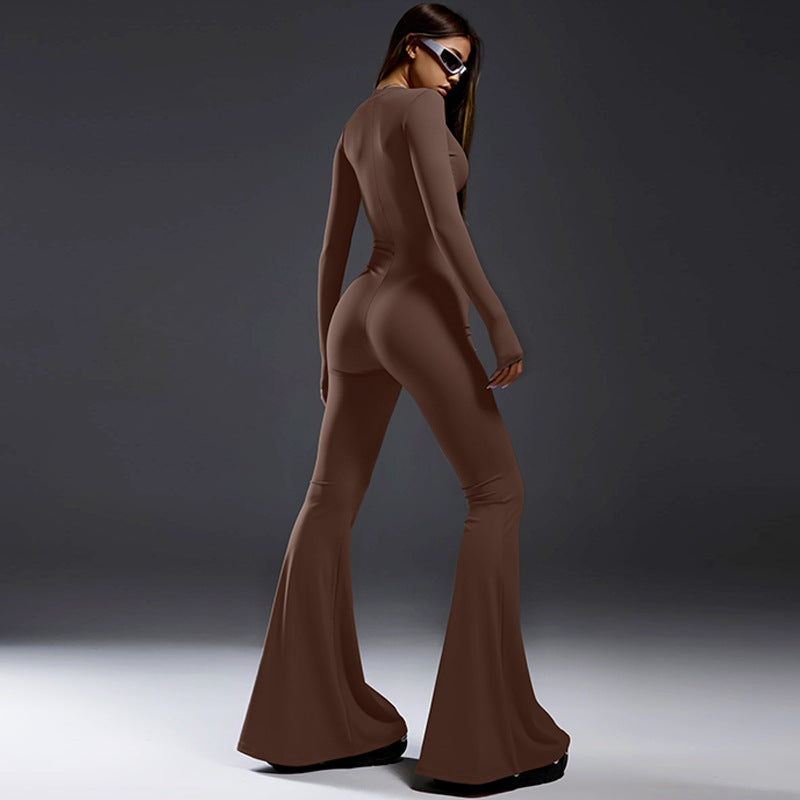 Damen bodenlanger Jumpsuit mit langem Arm und durchgehendem Reißverschluss Heidi-Mode