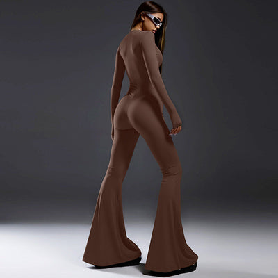 Damen bodenlanger Jumpsuit mit langem Arm und durchgehendem Reißverschluss Heidi-Mode