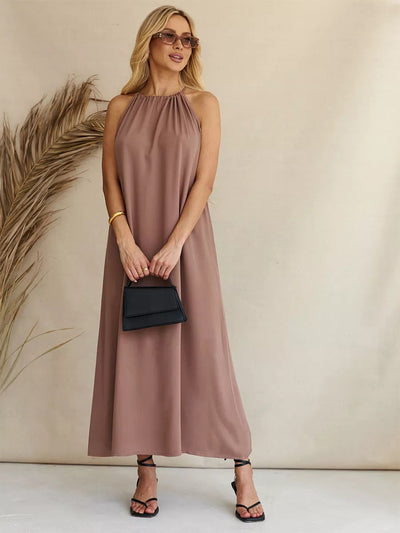 Damen Maxikleid mit gerafftem Ausschnitt und Taillengürtel Heidi-Mode