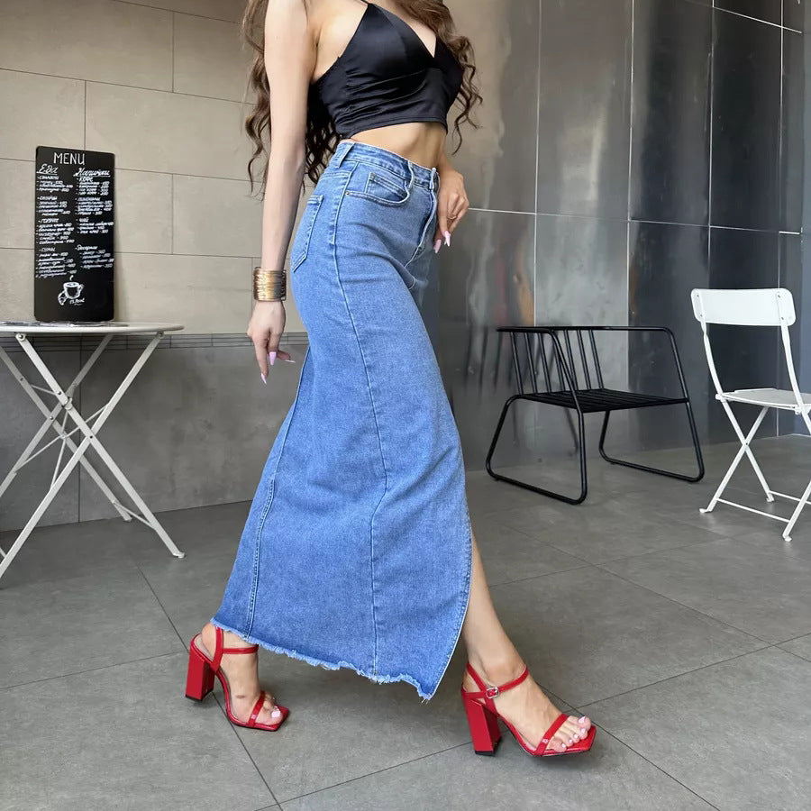 Damen Maxi-Denim-Rock mit hohem Schlitz und lässigem Schnitt Heidi-Mode