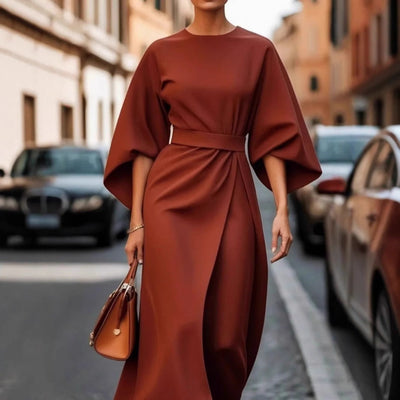 Damen elegantes Maxikleid mit oversized Ärmeln und tailliertem Gürtel Heidi-Mode