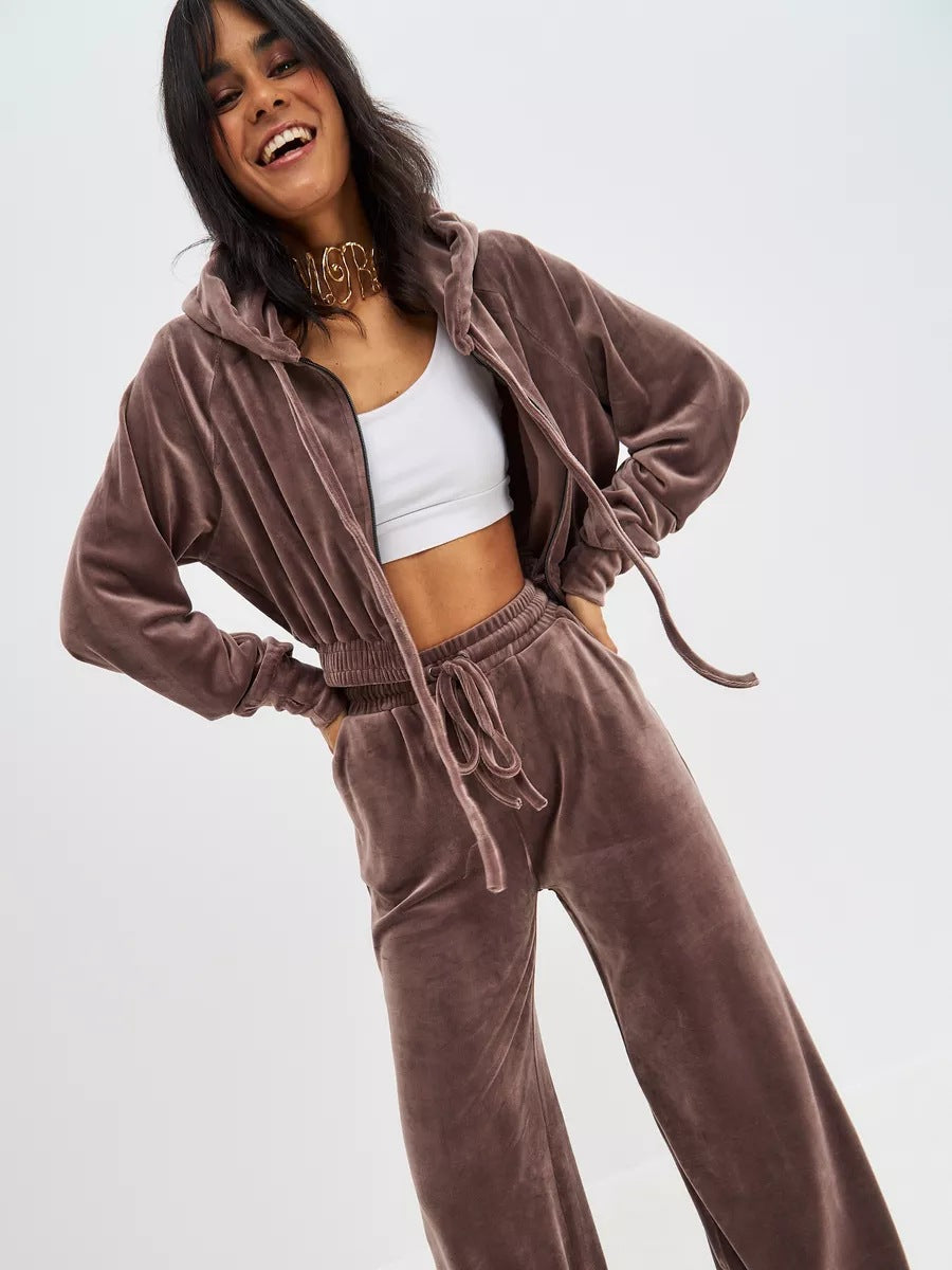 Damen Freizeit-Veloursset mit tailliertem Hoodie und geräumiger Hose Heidi-Mode