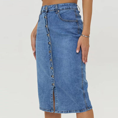 Damen Denim-Midirrock mit Knopfverschluss und hoher Taille Heidi-Mode