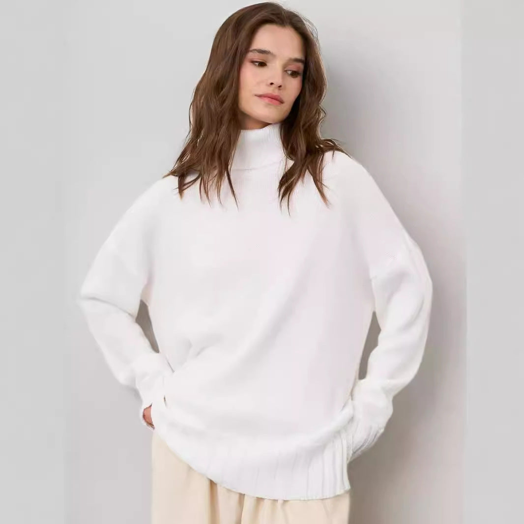 Damen Oversized Strickpullover mit hohem Kragen und seitlichen Schlitzen Heidi-Mode