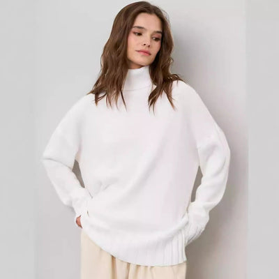Damen Oversized Strickpullover mit hohem Kragen und seitlichen Schlitzen Heidi-Mode