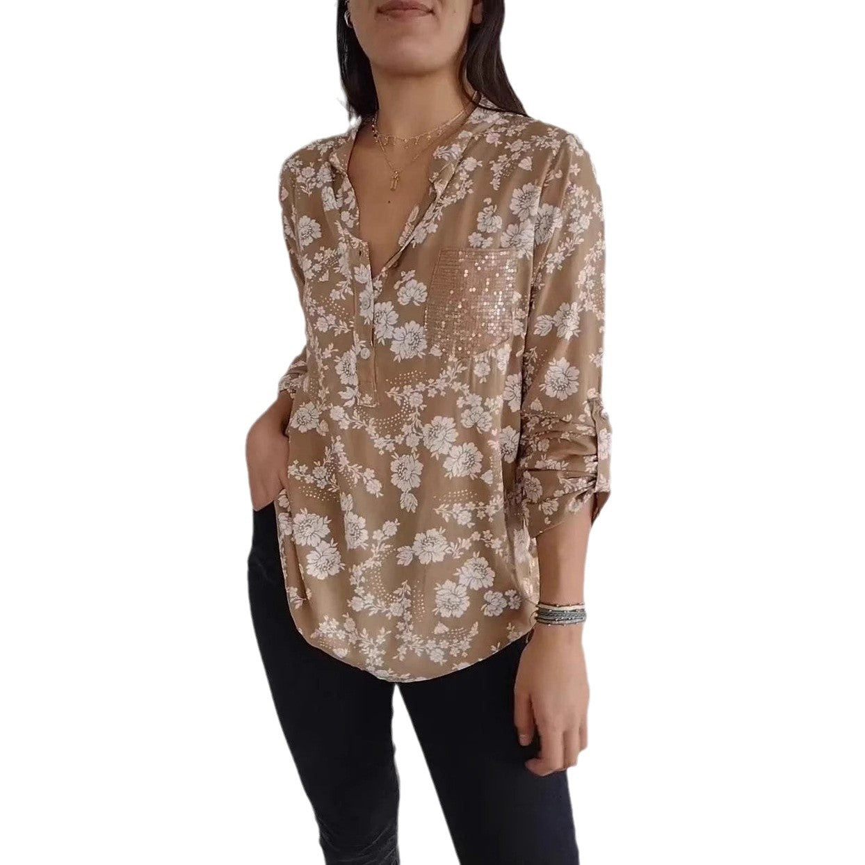 Damen Bluse mit floralem Design und funkelnden Pailletten Heidi-Mode