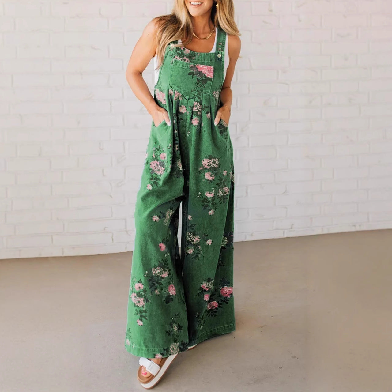 Damen Baumwoll-Overall mit floralem Druck und weiten Beinen Heidi-Mode