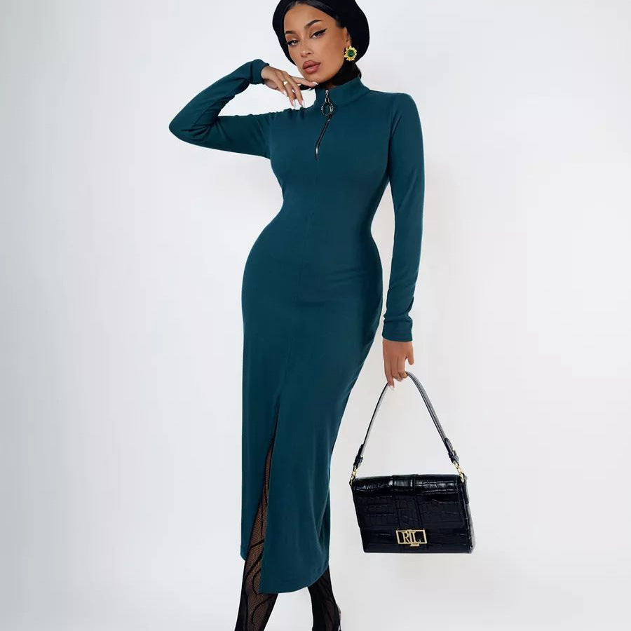 Damen figurbetontes Maxikleid mit tiefem V-Ausschnitt und luxuriösem Zipper-Detail Heidi-Mode