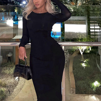 Damen figurbetontes Maxikleid mit elegantem Rundhalsausschnitt und langen Ärmeln Heidi-Mode