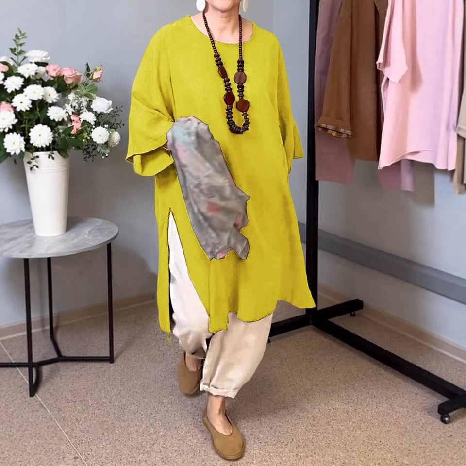 Damen lässiges Langarm-Tunika mit seitlichem Schlitz und modischem Schnitt Heidi-Mode