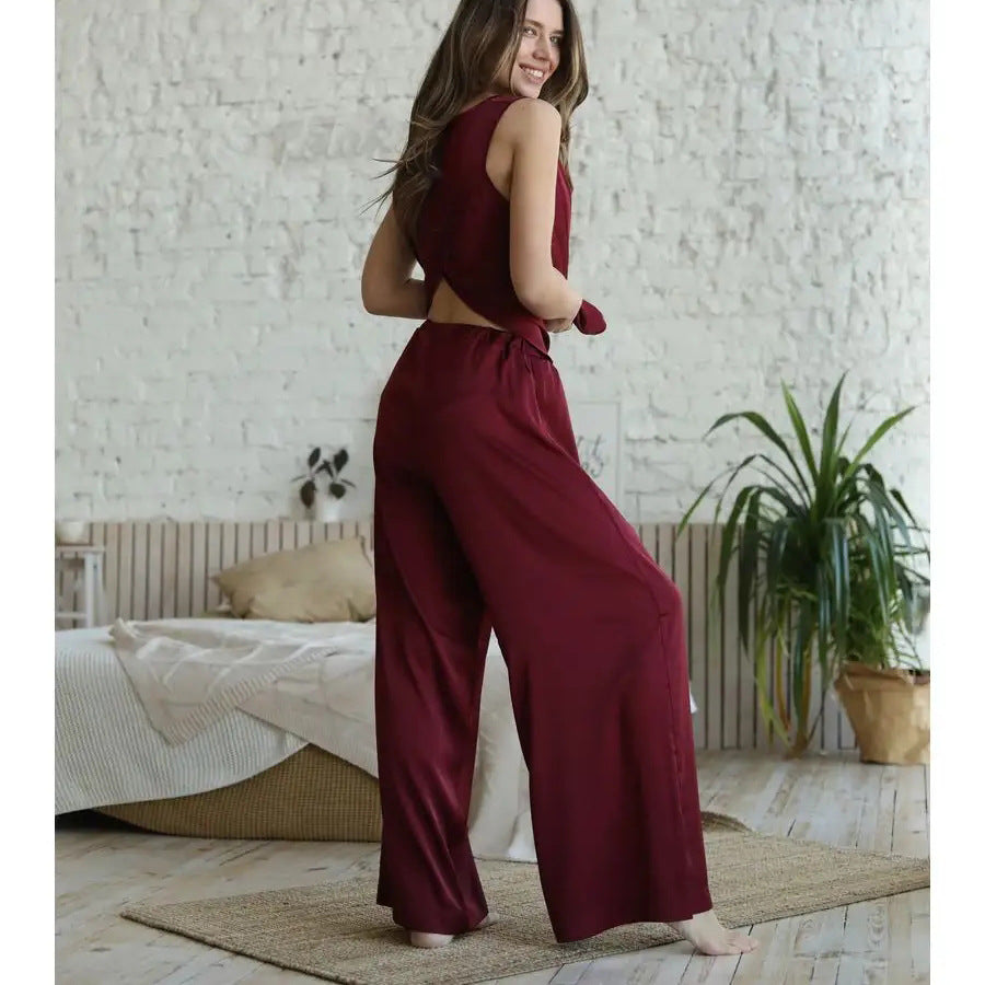 Damen eleganter Satin-Schlafanzug mit großzügigem Schnitt und feiner Textur Heidi-Mode