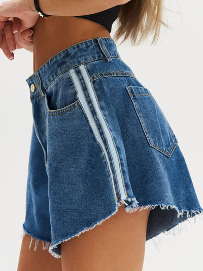 Damen lässige Denim-Shorts mit seitlichen Kontraststreifen und fransigen Saum Heidi-Mode