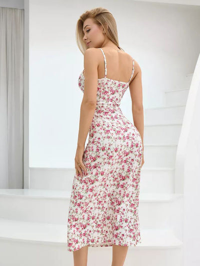 Damen figurbetontes Blumenmaxikleid mit Spitzenrand und seitlichem Schlitz Heidi-Mode