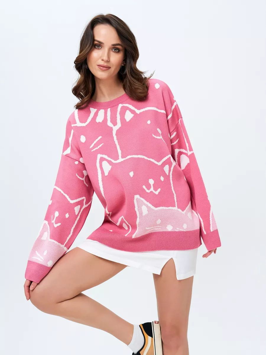 Damen lässiger Pullover mit modernem Katzendesign und oversized Passform Heidi-Mode