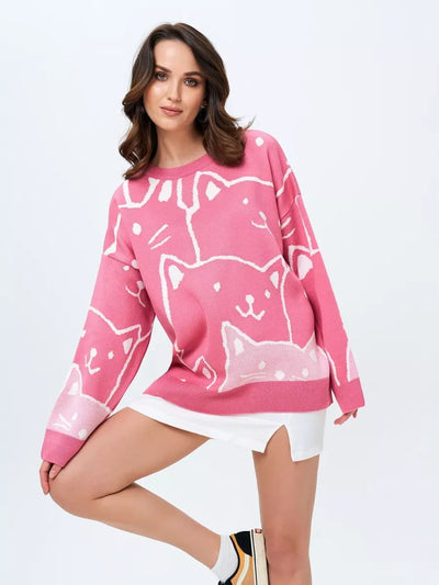 Damen lässiger Pullover mit modernem Katzendesign und oversized Passform Heidi-Mode